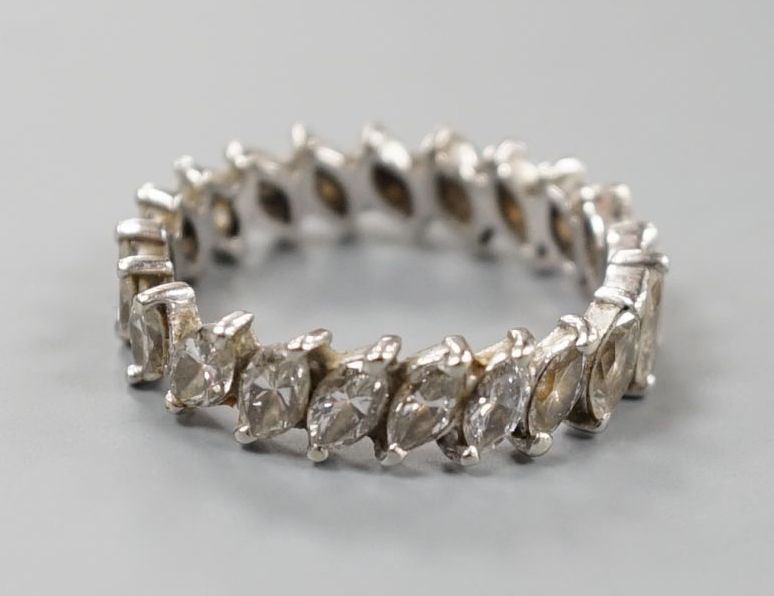 A white metal and marquise cut diamond set full eternity ring, size O/P, gross weight 5.2